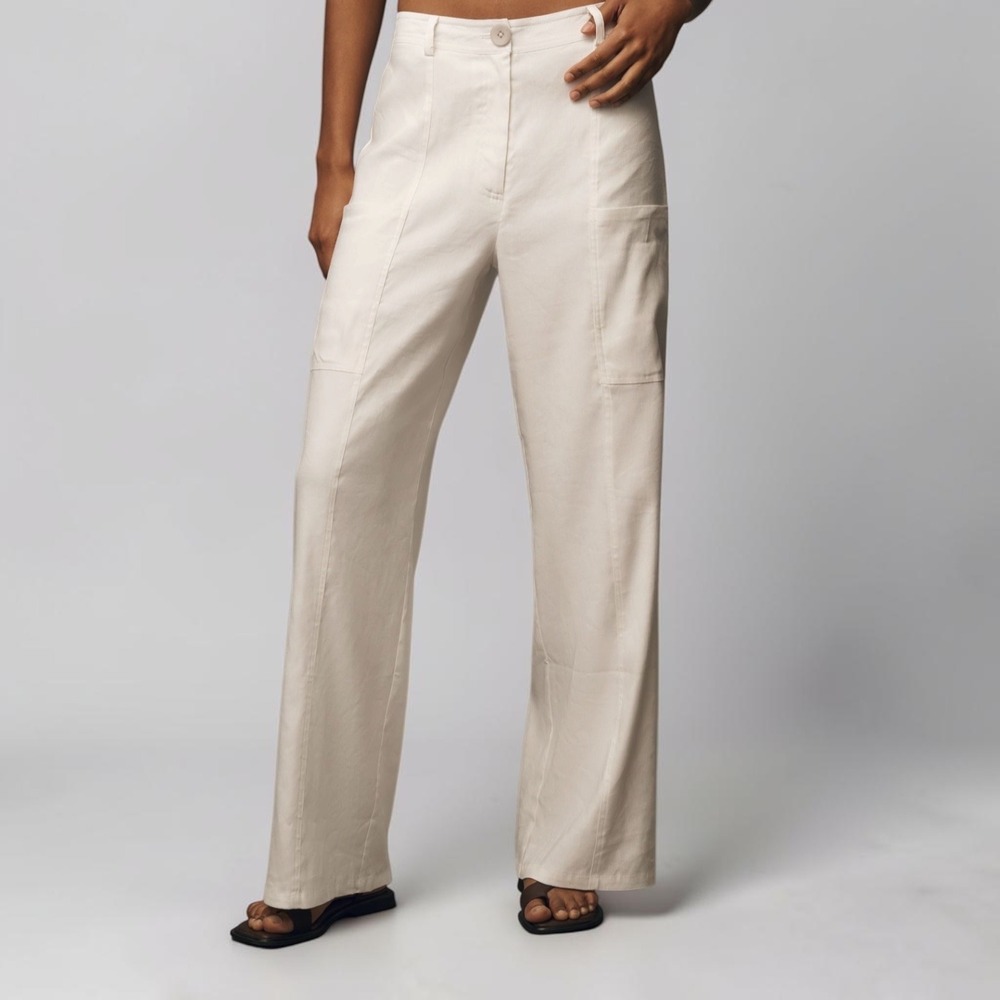 By Anthropologie Coastal Beach Vacay Wide Leg Linen Viscose Cargo Pants XL White